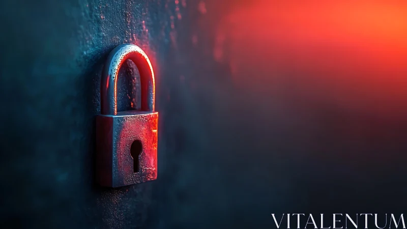 Steel padlock glows under red security warning light.