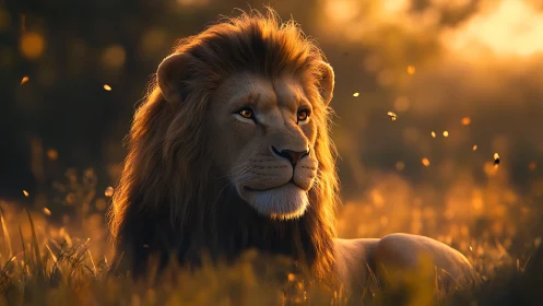 Golden-hour lion rests in glowing savanna light peacefully.