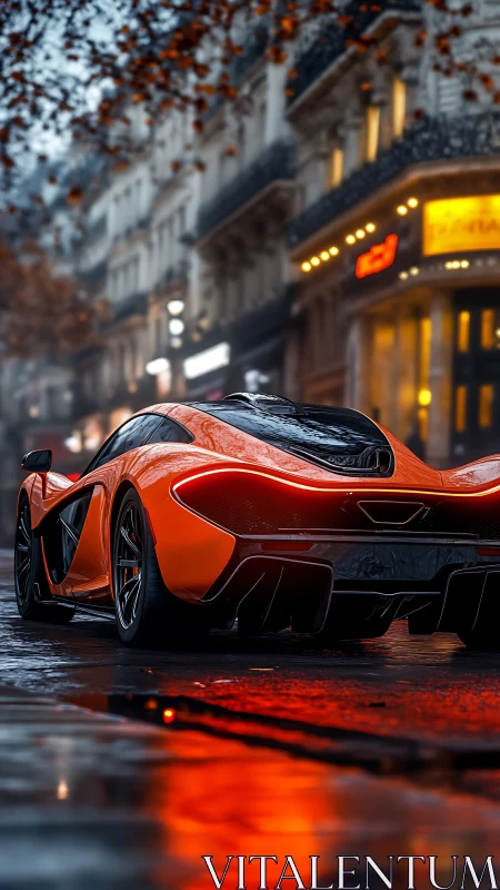 Orange hypercar on wet city street with cinematic bokeh glow.