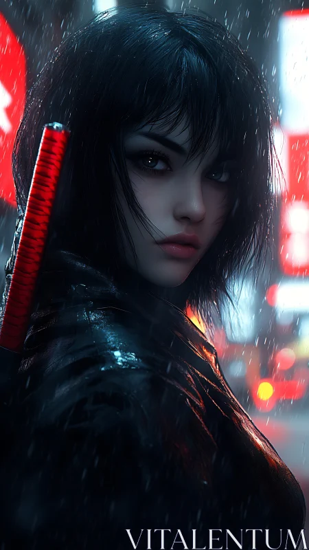 Neon-soaked warrior gazes back in a rain-drenched alley.