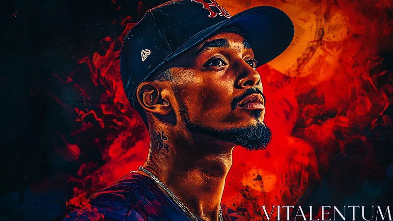 Digital chromatic portrait of baseball player in emberscape.