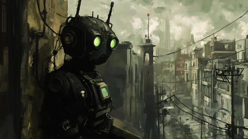 Humanoid robot overlooking decayed urban streetscape.