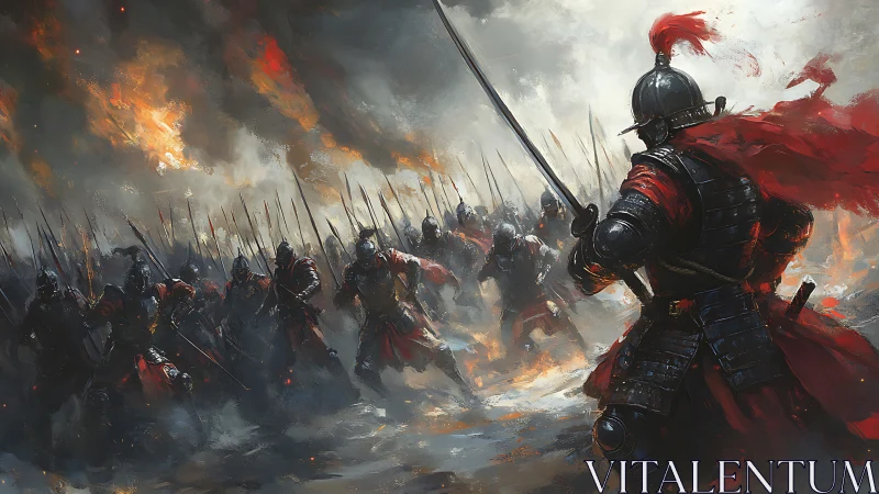 Armored commander charges into burning battlefield with drawn blade