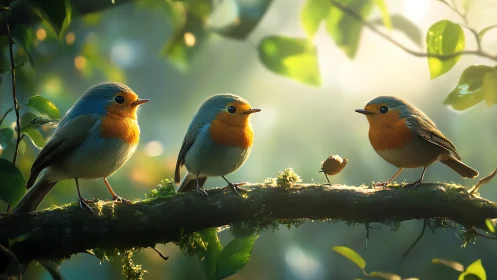 Three Robins on Mossy Branch in Soft Morning Light, Realistic Style.