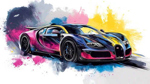 Neon-splashed supercar rockets through abstract color storms.