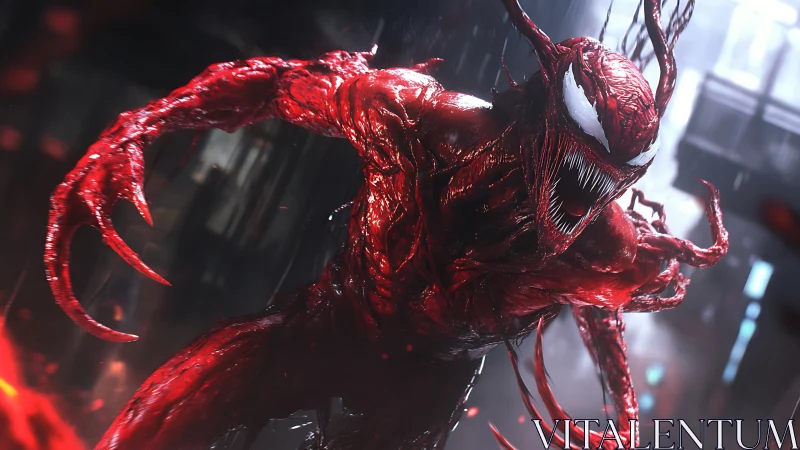 Red symbiotic creature lunges through neon industrial rain