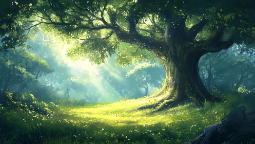 Sunlit Forest Sanctuary: Where Ancient Trees Meet Golden Light.
