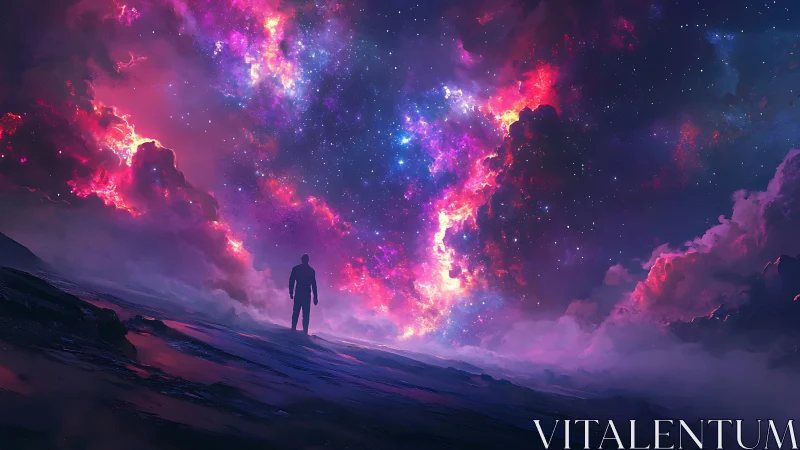 Silhouette observing vivid cosmic clouds and star field.