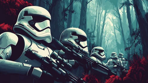 Armored soldiers advance cautiously through misty alien woods