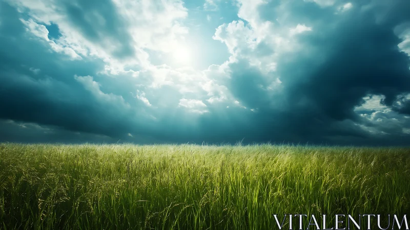 Sunlit grass field under dense storm cloud formation.