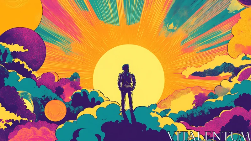 Cosmic dreamer stands before a roaring neon sunrise horizon.