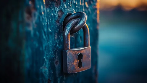 Rusty padlock hangs on weathered metal gate at sunset
