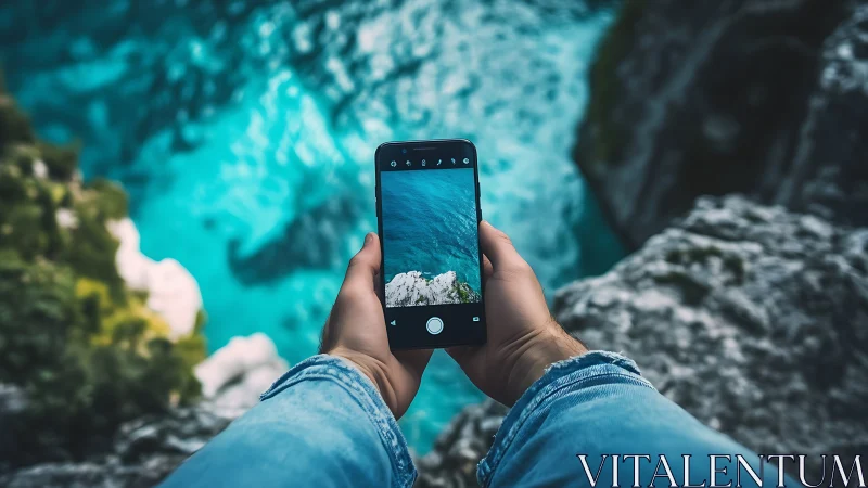 Hands hold smartphone over turquoise coastal water scene