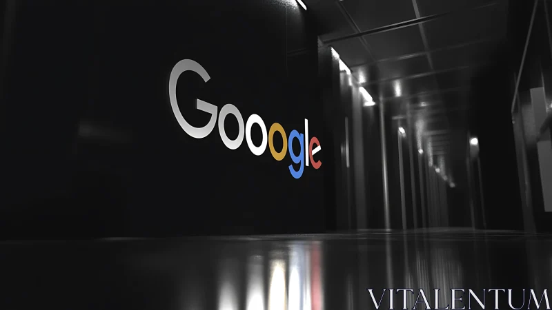 Low-key corporate corridor with illuminated Google wall logo.
