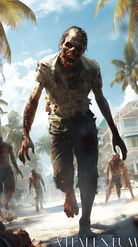 Grotesque zombie stalks a ruined tropical beach resort.