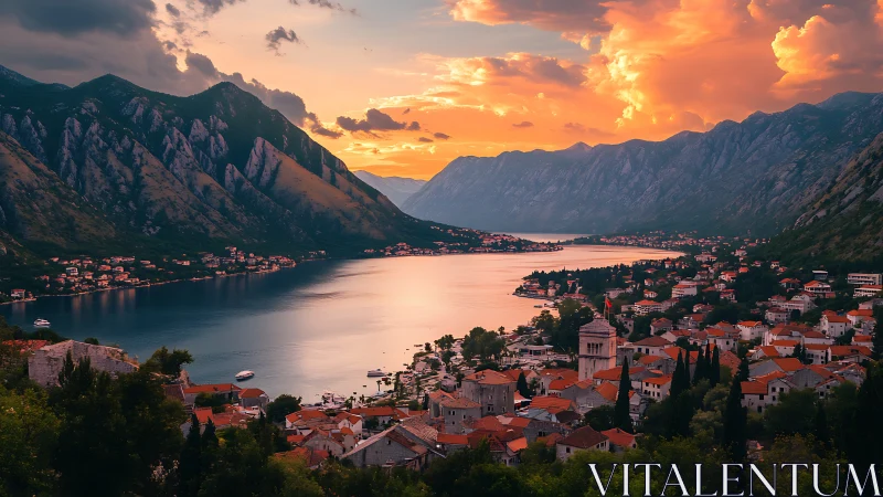 Coastal bay town under dramatic sunset sky and mountains