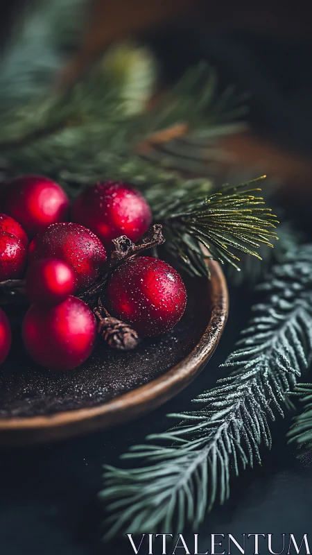 Frosted red berries rest softly among evergreen branches