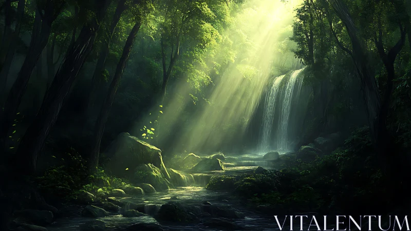 Hidden Waterfall in Ancient Forest.