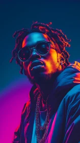 Neon rim-lit portrait of stylish man in sunglasses and chains