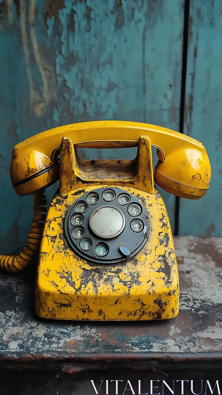 Sunny vintage rotary phone against weathered teal wall.