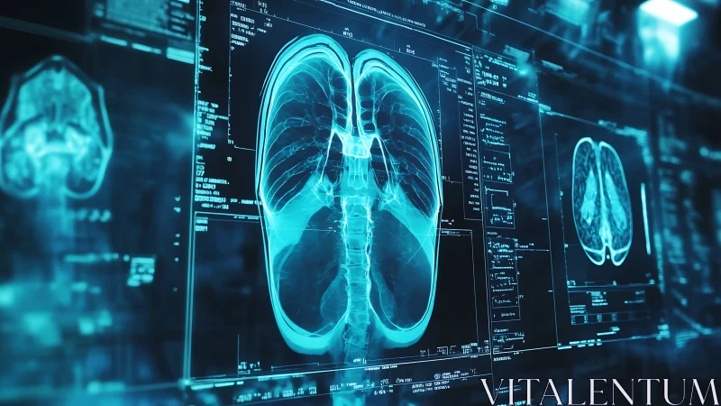 Futuristic lung X‑ray interface in glowing cyan panels.