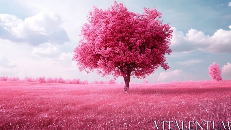Solitary pink tree dominates surreal infrared meadow landscape