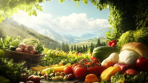 Photorealistic garden harvest still life with pastoral vista.