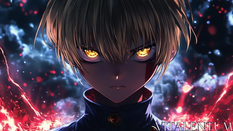 Golden-eyed hero standing firm in stormlit embers.