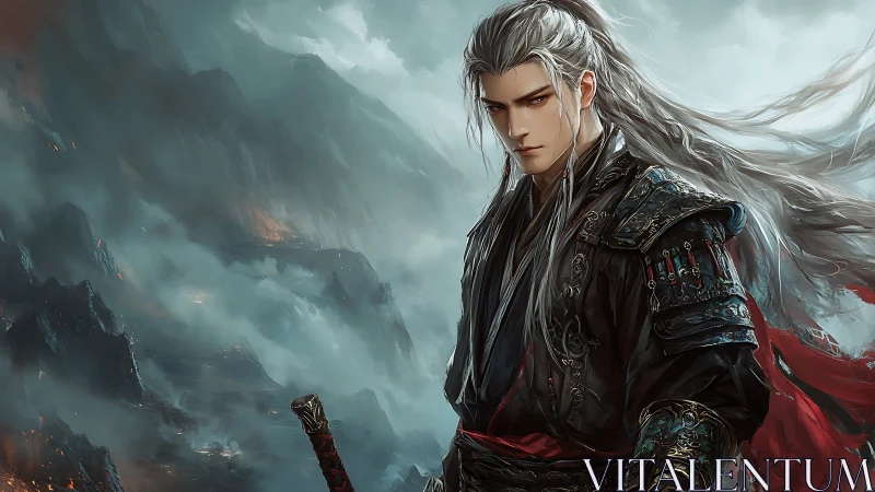 Storm-clad wuxia warlord in volcanic ridge atmosphere.