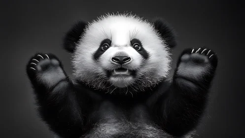 Wide-eyed baby panda throws a fuzzy monochrome high-five.