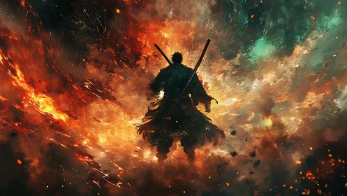 Silhouetted warrior figure amid dense fiery energy field.