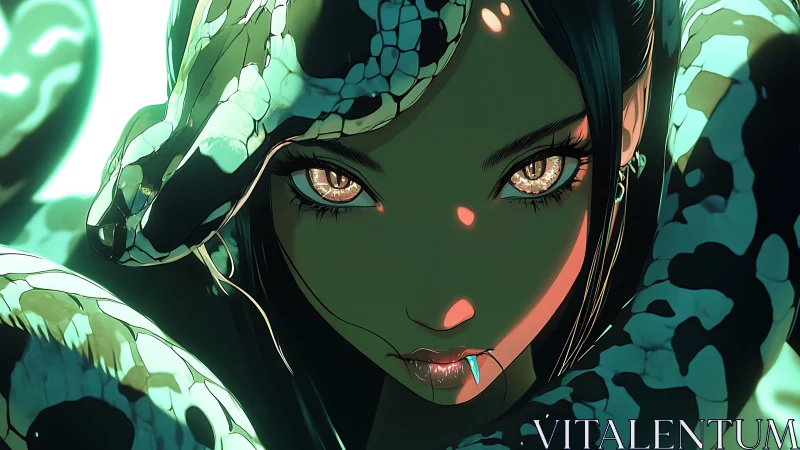 Serpent-eyed woman locks gaze beneath glowing scales.