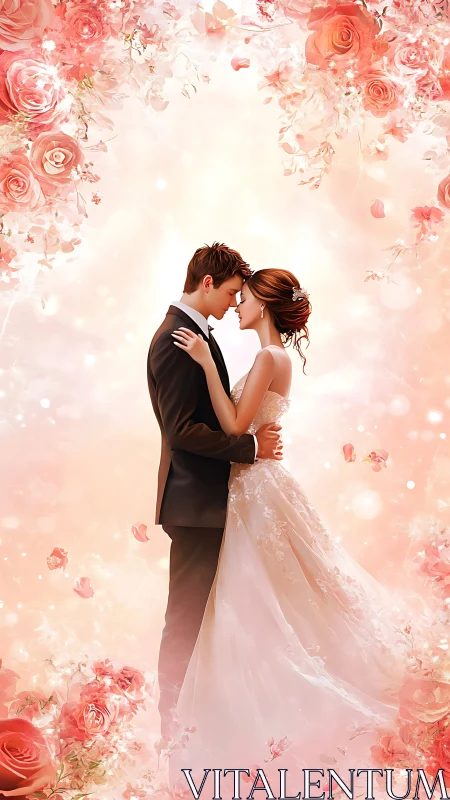 Couple in formal attire positioned against pink rose floral arrangement