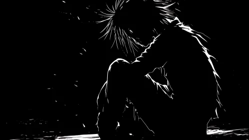 Silhouetted figure crouches in stark monochrome solitude.