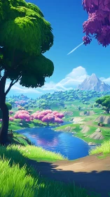 Colorful stylized river valley extends toward distant mountain