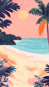 Tropical Shoreline with Warm Palette Digital Beach Illustration