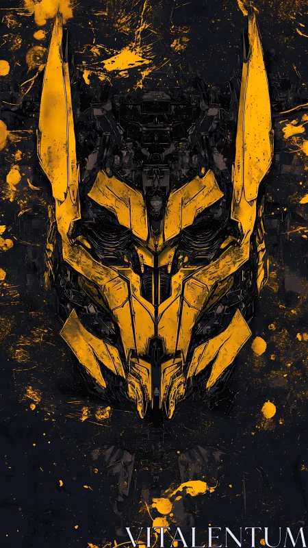 Bold golden mech mask glowing against deep inky night.