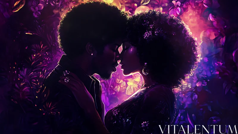 Luminescent Silhouettes: Neon-Lit Couple Amid Floral Bokeh.
