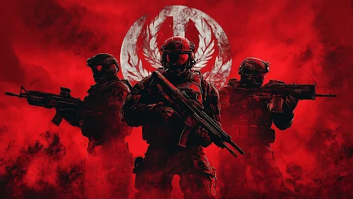 Three armored soldiers stand armed before white eagle emblem