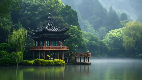 Lakeside pagoda in misty emerald forest serenity at dawn.