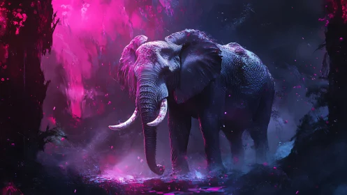 Elephant in neon-lit forest with high contrast lighting.