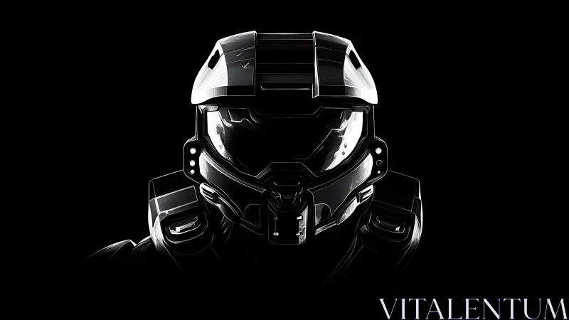 Futuristic armored helmet portrait on black background.