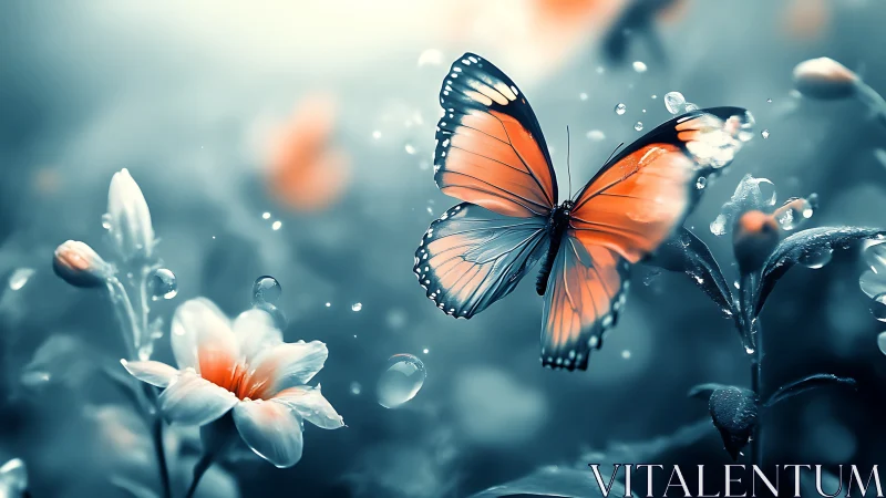 Glowing orange butterfly amid dewy teal blossoms at dusk.