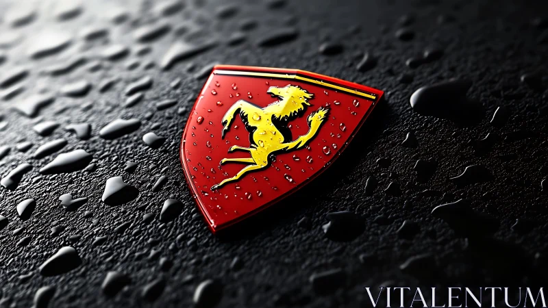 Red automotive shield emblem rendered on wet black surface