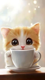 Orange and White Cat Holding Coffee Cup
