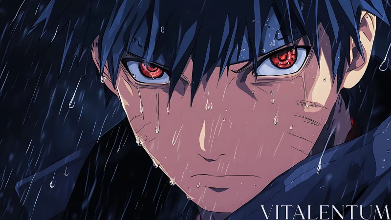 Intense anime warrior stares through stormy night rain