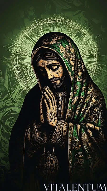 Baroque-inspired digital icon with radiant green aureole detailing.