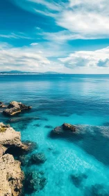 Turquoise coastal waters meet rocky shoreline under clouds