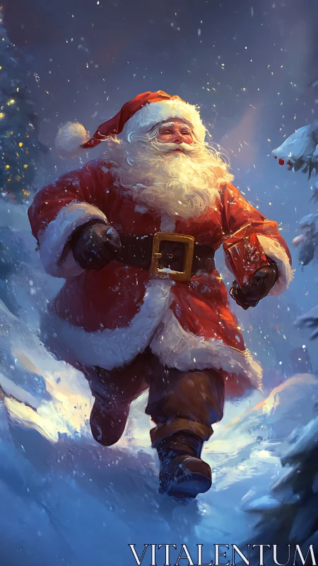Snow-sprinting Santa strides through glittering winter magic.