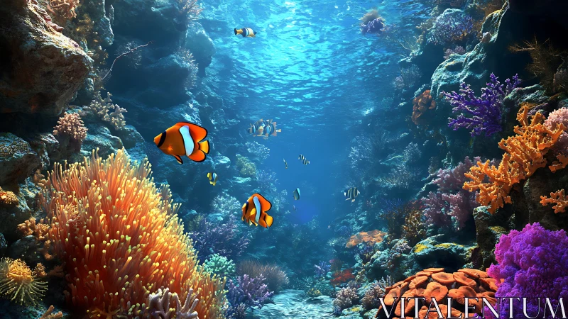 Clownfish drifting through a sunlit underwater coral haven.